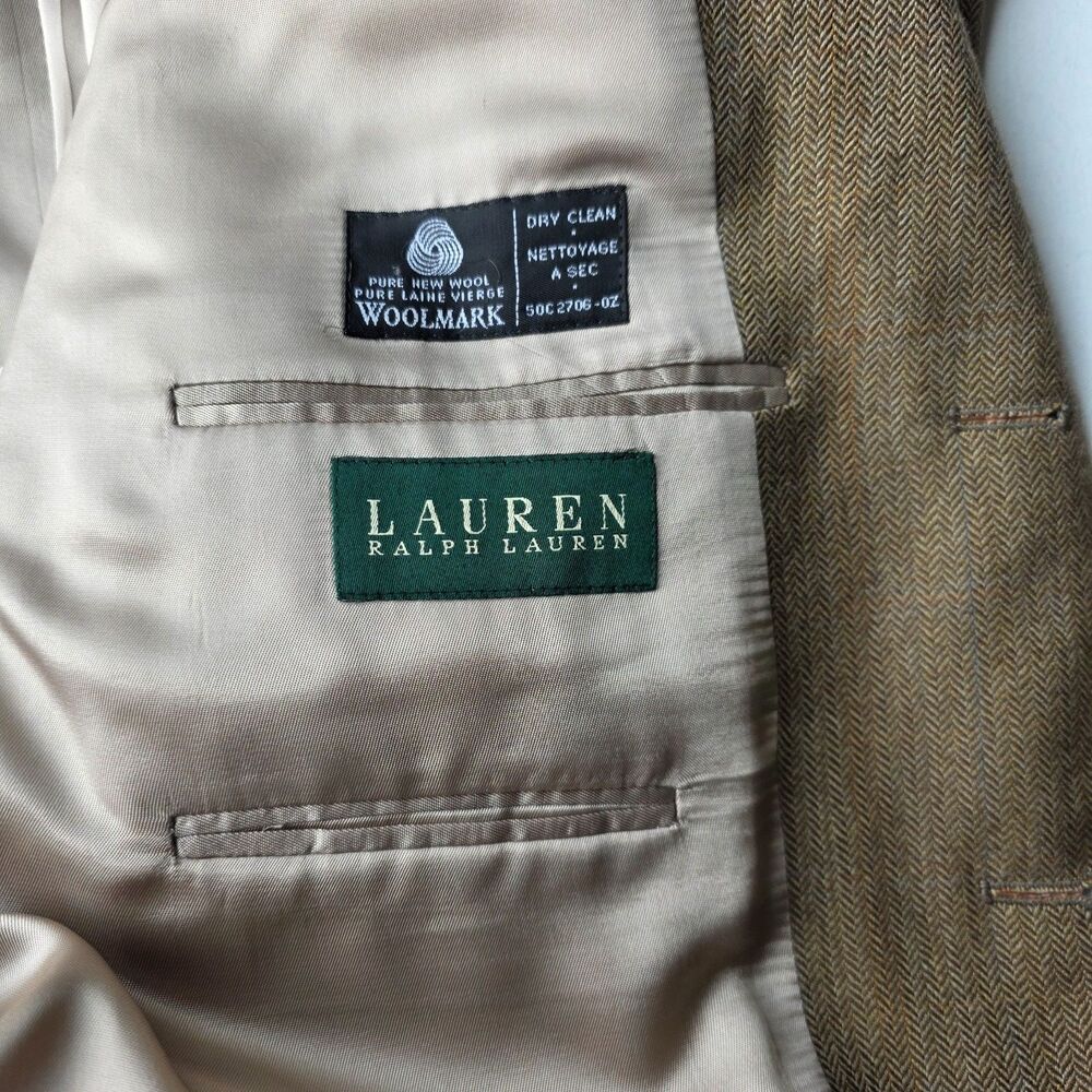 Vintage Lauren Ralph Lauren Blazer 100% Wool Herringbone Sport Coat Brown 46R - Picture 12 of 16